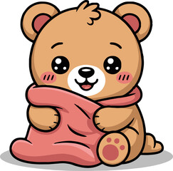 A cute cartoon bear holding a pink blanket with big eyes and a happy smile on a white background