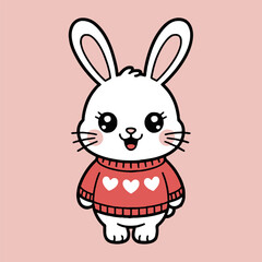 Cartoon white bunny wearing a red sweater with white hearts on a solid pink background vector