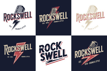 Rockswell Retro Music Logo Set with Microphone and Lightning Bolt for Band, Studio, or Vintage Music Branding