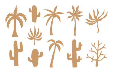 Hand Drawn Desert Botanical Silhouette. A collection of 11 hand drawn plant silhouettes featuring palms cacti agave and desert trees in warm organic shapes. Perfect for nature eco themed designs