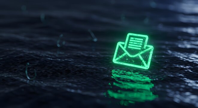 Glowing Green Email Icon on Dark Water
