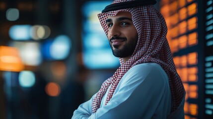 Confident Middle Eastern man in traditional attire at airport