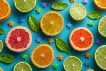 Obraz premium Fruit colorful citrus slices with stars and leaves pattern
