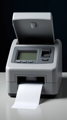 Compact label printer in action with blank paper output near a dark background