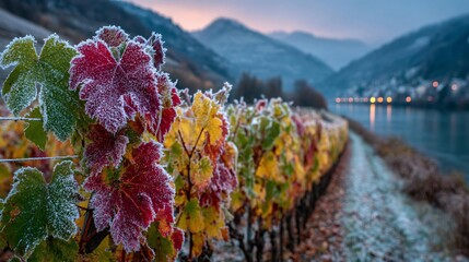 Lush Ice Wine Grape Vines Under Sunlight with Scenic Austrian Wachau Valley Background