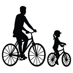 Father and daughter cycling together in silhouette isolated on white background