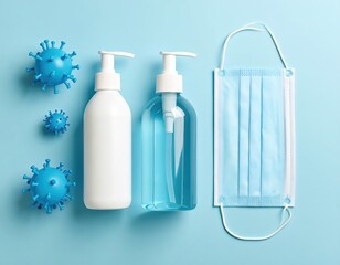 Protective Mask, Sanitizer, and Virus Molecules on Blue Background