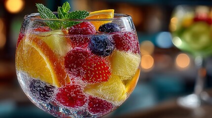 Colorful Iced Wine Glass with Fresh Fruit Garnishes Perfect for Summer Celebrations