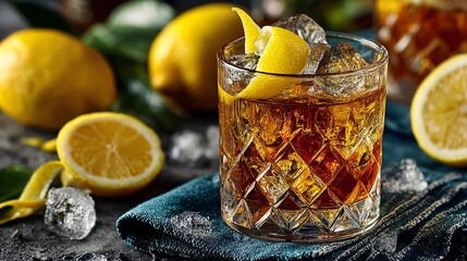 Mezcal Old Fashioned Cocktail Garnished with Fresh Lemon on a Textured Concrete Background