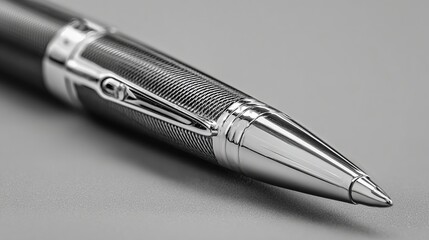 Close-up of a sophisticated ballpoint pen featuring a dark gray barrel, chrome accents, textured detailing, and a polished chrome tip.  The pen rests on a neutral gray surface