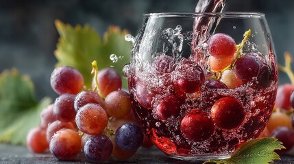 Freshly Picked Wine Grapes Splashing Vibrantly into a Crystal Clear Glass