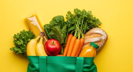 A green reusable shopping bag overflowing with groceries. The items include fruit, vegetables, bread, pasta, and juice against a bright yellow background.