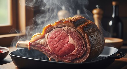 A beautifully roasted prime rib of beef, still steaming. 