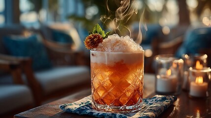Smoky Mezcal Cocktail Served Over Ice in a Trendy Lounge