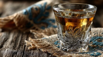 Small Grappa Glass Filled with Clear Liquid on Rustic Wooden Table