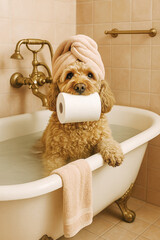 Funny Dog Poster, Dog Bathroom Poster, Dog in Tub, Doodle Poster, Doodle in Bathroom, Dog Decor, Cute Animal, Doodle Photo Art