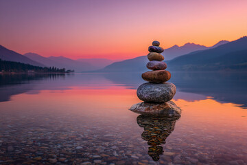 Landscape Serene Sunset Landscape: Balanced Stones Reflected in Lake