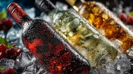 Three Elegant Wine Bottles Nestled Amongst Ice Cubes in a Chilly Setting
