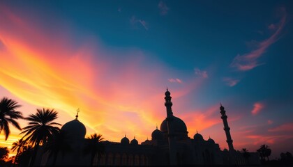 Fototapeta premium Majestic Mosque Silhouette Against a Vibrant, Colorful Sky at Sunset