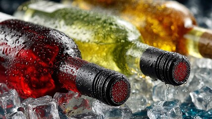 An Artistic Arrangement of Wine Bottles Cooling in Ice Cubes