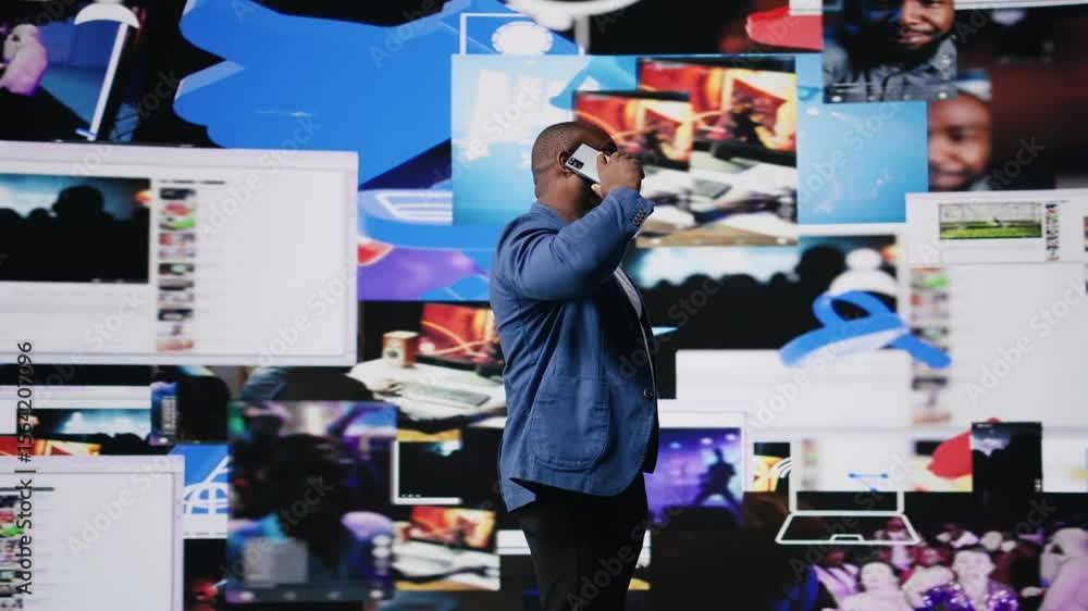 Poster african american guy uses phone call connection to showcase engagement and online communication thro