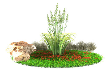 This 3d rendered image shows grass rocks and flowers.