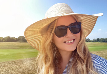 Country path stroll on a bright summer day, woman in wide straw hat and sunglasses smiling beneath...