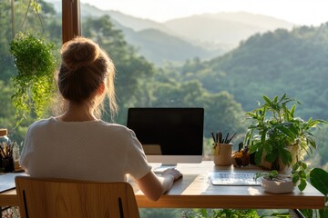 Remote career: laptop use, home office setup, digital tasks, virtual work, flexible hours, online collaboration, personal workspace, professional autonomy, efficient productivity, career flexibility.