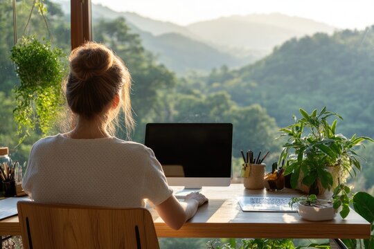 Remote career: laptop use, home office setup, digital tasks, virtual work, flexible hours, online collaboration, personal workspace, professional autonomy, efficient productivity, career flexibility.