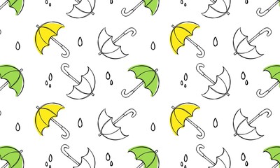 Repeating pattern with hand drawn umbrellas and raindrops
