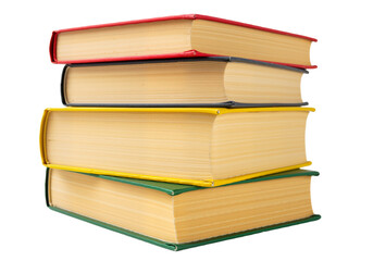 Stack of Three Hardcover Books in Red, Yellow, and Green Spines Against White Background, Symbolizing Learning, Knowledge, and Intellectual Growth