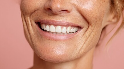 Fototapeta premium Close-up of mature caucasian female with bright smile and natural freckles on pink background