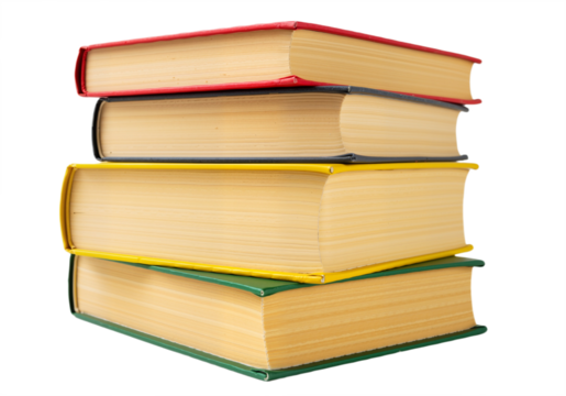 Stack of Three Hardcover Books in Red, Yellow, and Green Spines Against White Background, Symbolizing Learning, Knowledge, and Intellectual Growth