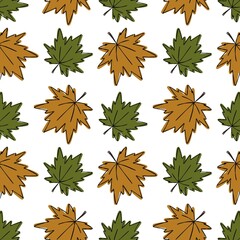Brown and green maple tree leaves repeating raster pattern