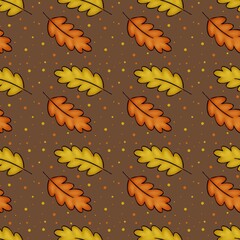 Autumn repeating pattern with oak leaves and polka dots on brown background