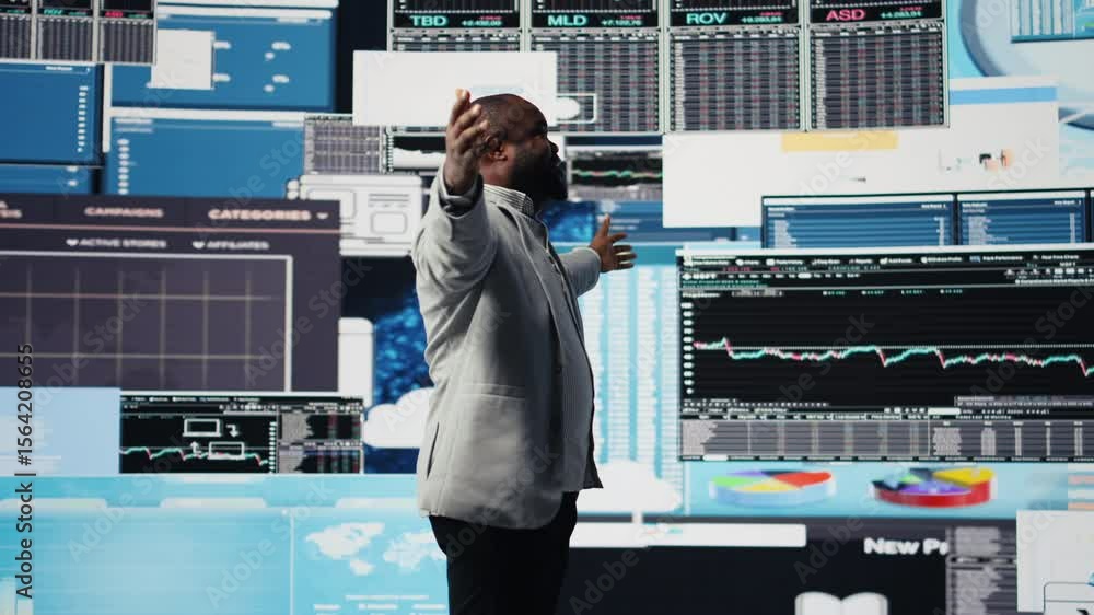 Poster black entrepreneur thinking about a new projection to increase revenue, evaluating infographics and 