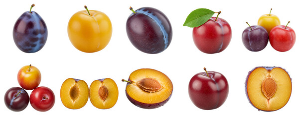 Isolated variations of plums in different colors and types of fruit, set