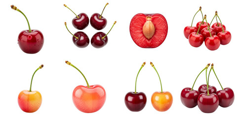 Assorted cherries in various colors and arrangements on white background, set    