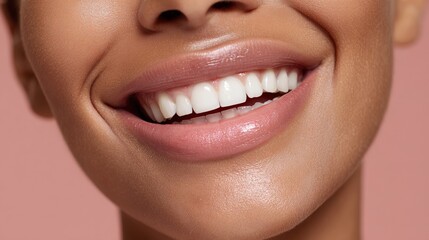 Fototapeta premium Close-up smiling face of young african female with perfect teeth on pink background