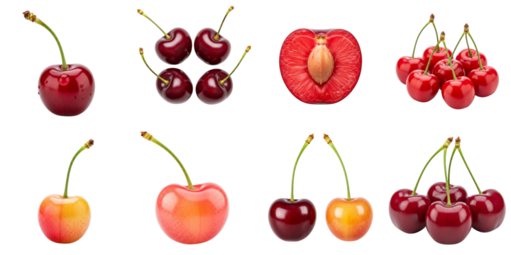 Assorted cherries in various colors and arrangements on white background, set    