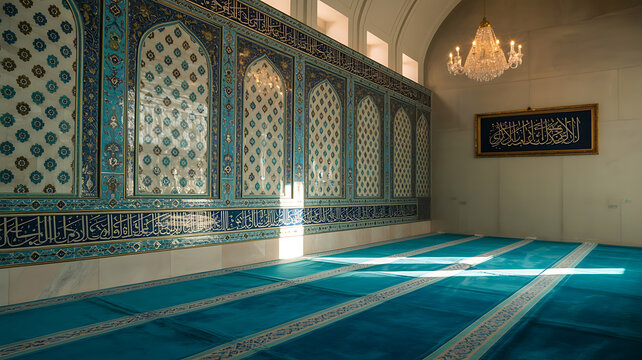 A mosque prayer hall, with intricate tilework and prayer rugs.
