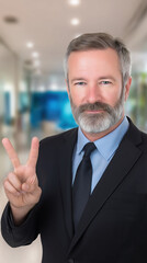 Businessman with gray beard showing peace sign in modern office setting
