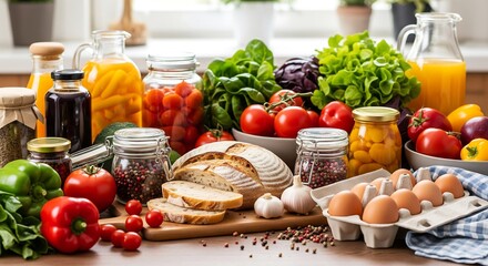 A variety of fresh and preserved food items including vegetables, fruits, bread, eggs, and bottled liquids are arranged on a wooden surface.