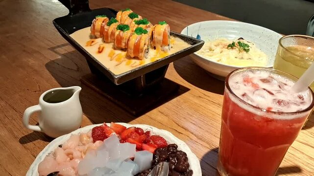 Lunch set with sushi, fruit dessert, udon, juices