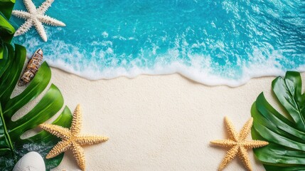 Tropical beach scene with seashells, starfish, and leaves.
