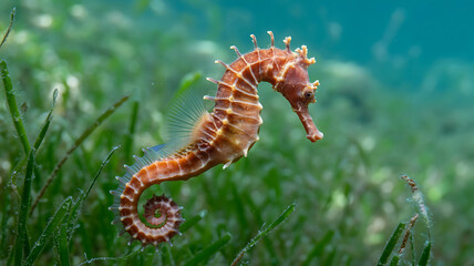 Sea horse swimming amidst underwater grass.
