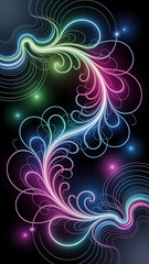 Abstract design with swirling neon colors and flowing patterns.
