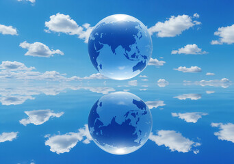 Two crystalline earth globes, one real and one reflected, float in a serene blue sky with white clouds, symbolizing global connection and perspective