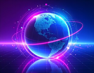 Obraz premium Futuristic Holographic Globe with Neon Geometric Orbit