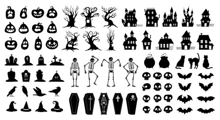 Spooky Halloween Icons: A collection of whimsical silhouette illustrations evoking the spirit of Halloween, with pumpkins, bats, and eerie, classic Halloween imagery.
